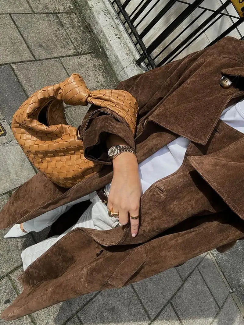 Women's suede trench coat classic elegant cut with belt