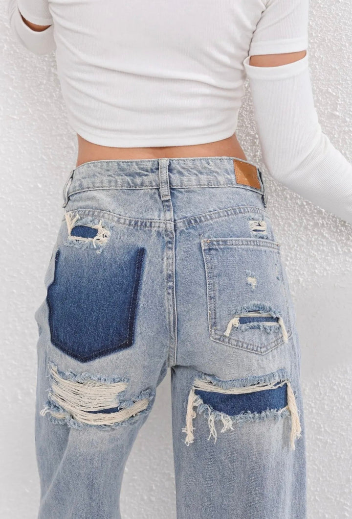 Damen Vintage Ripped Jeans Denim Gerade