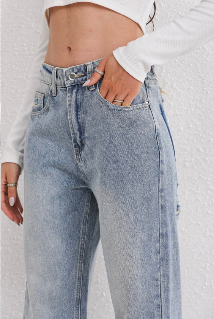 Damen Vintage Ripped Jeans Denim Gerade