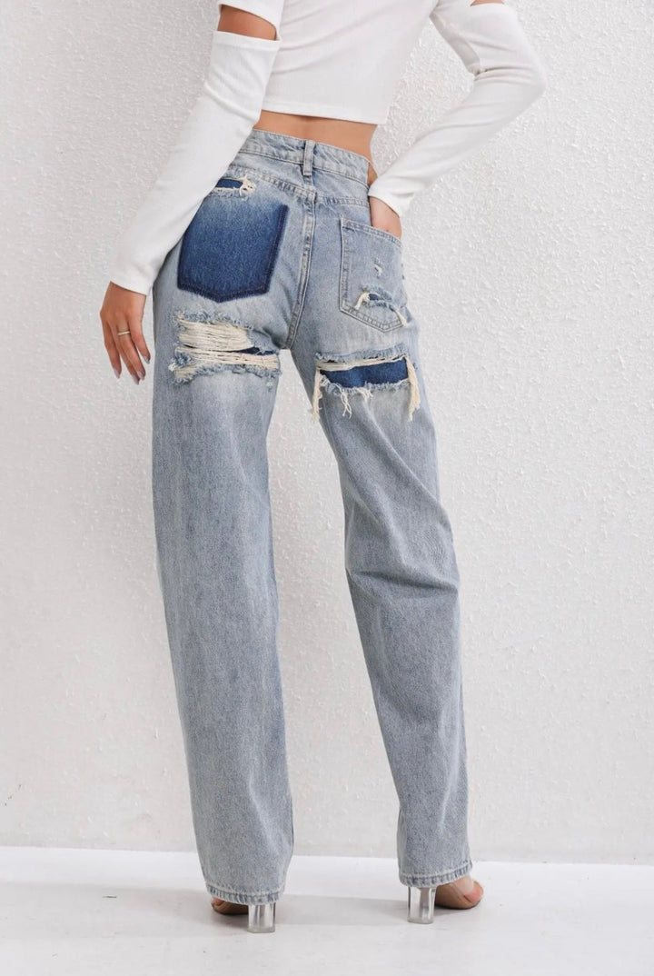 Damen Vintage Ripped Jeans Denim Gerade