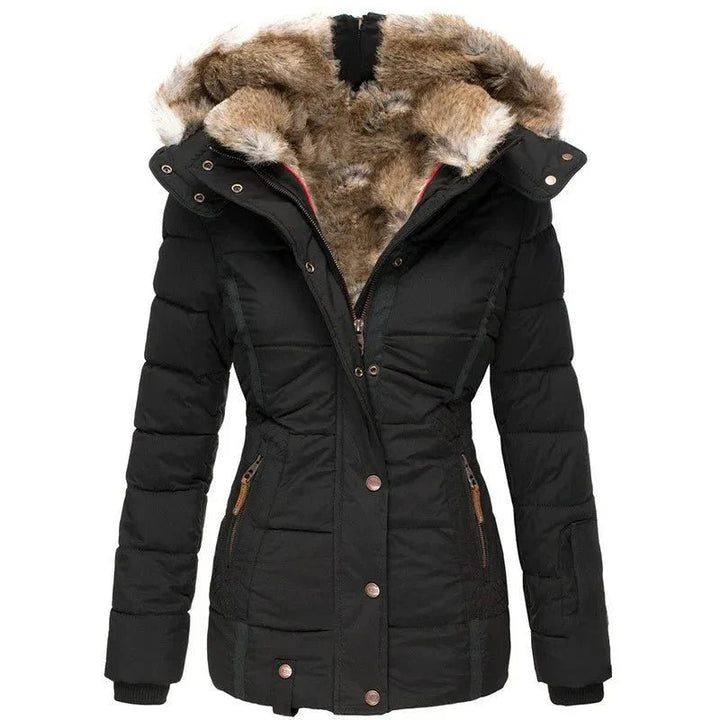 Damen Winterjacke mit Veganfellkapuze und taillierter Passform