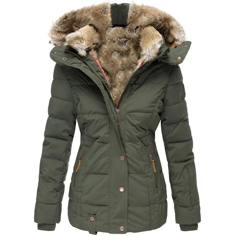 Damen Winterjacke mit Veganfellkapuze und taillierter Passform