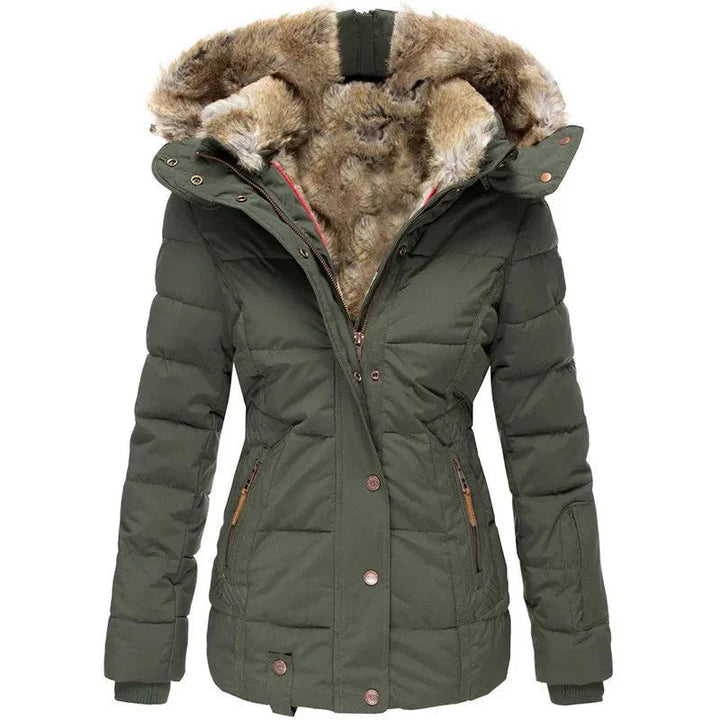Damen Winterjacke mit Veganfellkapuze und taillierter Passform