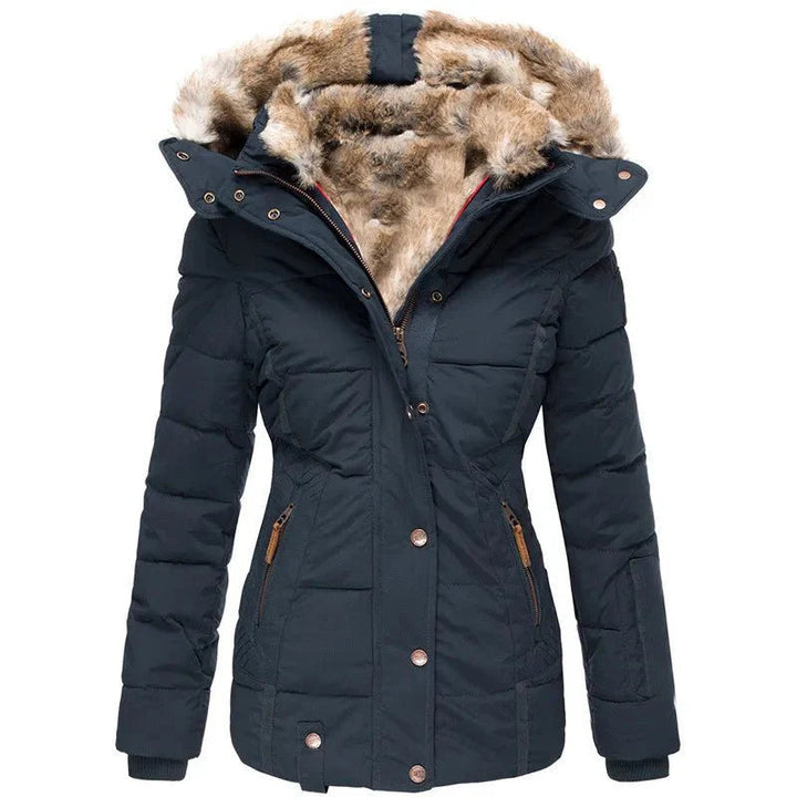 Damen Winterjacke mit Veganfellkapuze und taillierter Passform