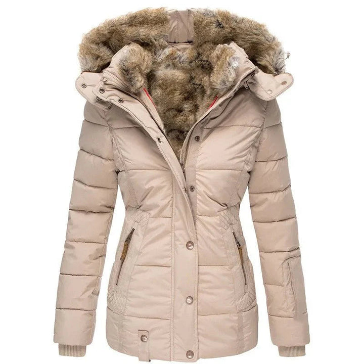 Damen Winterjacke mit Veganfellkapuze und taillierter Passform