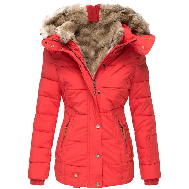 Damen Winterjacke mit Veganfellkapuze und taillierter Passform