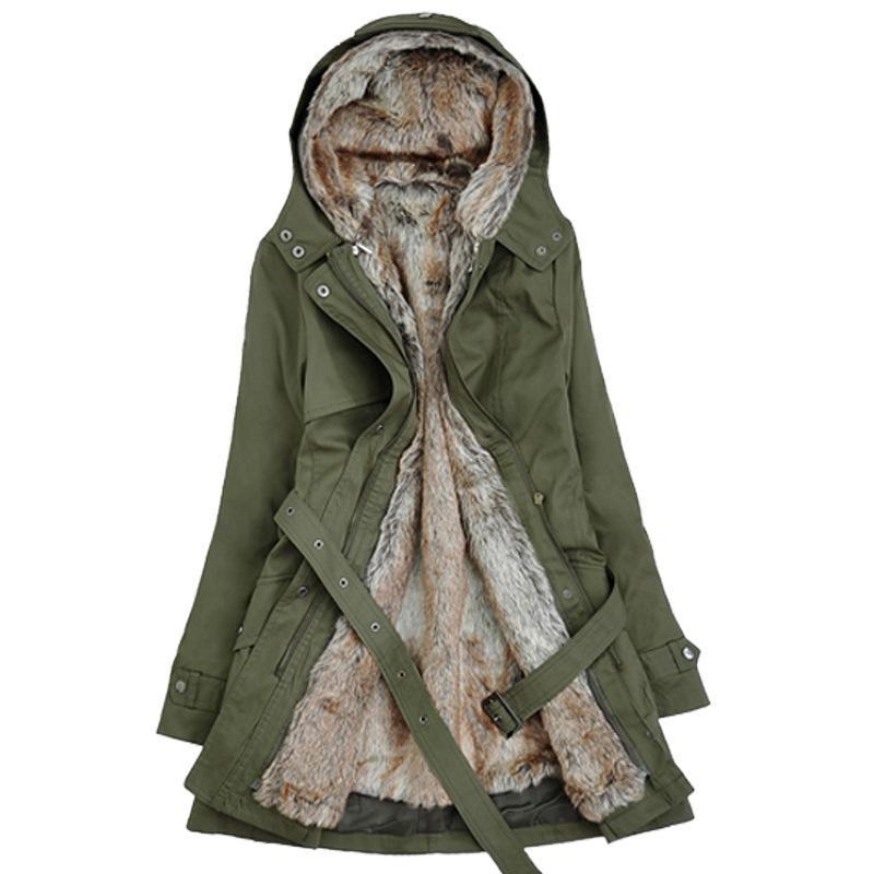Damen Winterjacke mit Kunstpelz und Taillengürtel