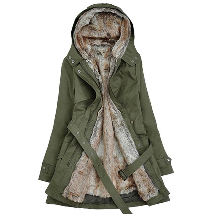 Damen Winterjacke mit Kunstpelz und Taillengürtel