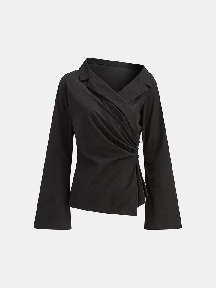 Damen Wickelbluse Baumwollmix – Asymmetrisch, Ausgestellte Ärmel, Elegant