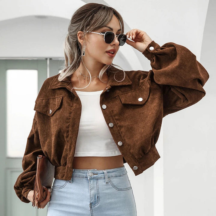 Women's Corduroy Jacket Short Casual Style with Classic Collar and Pockets