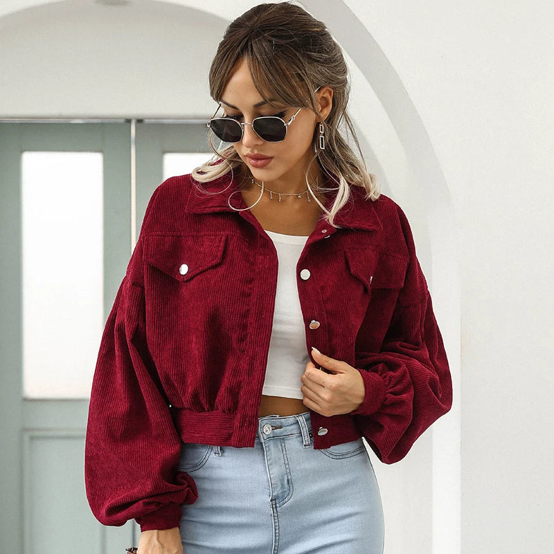 Women's Corduroy Jacket Short Casual Style with Classic Collar and Pockets
