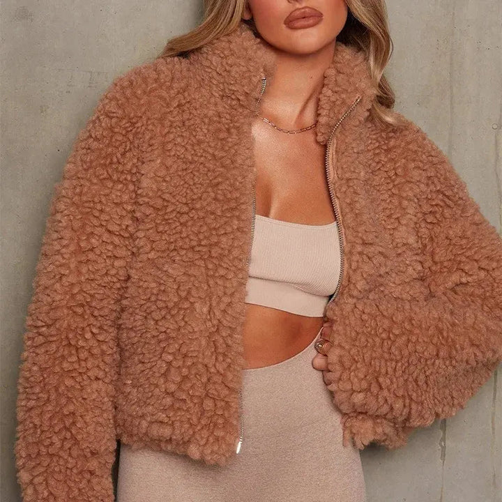 Damenjacke Teddy-Fleece Cropped Schnitt mit Reißverschluss