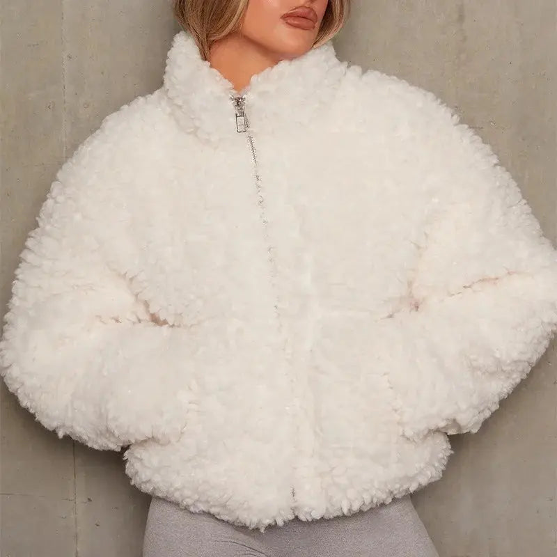 Damenjacke Teddy-Fleece Cropped Schnitt mit Reißverschluss