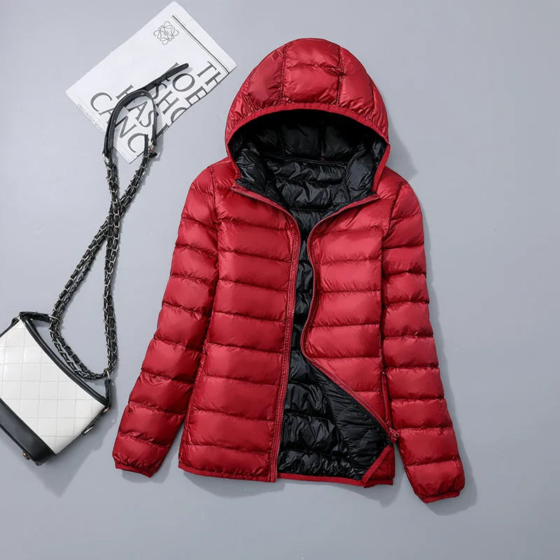 Women's jacket reversible ultralight with hood and water-repellent