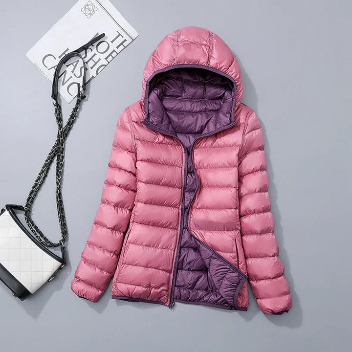 Women's jacket reversible ultralight with hood and water-repellent