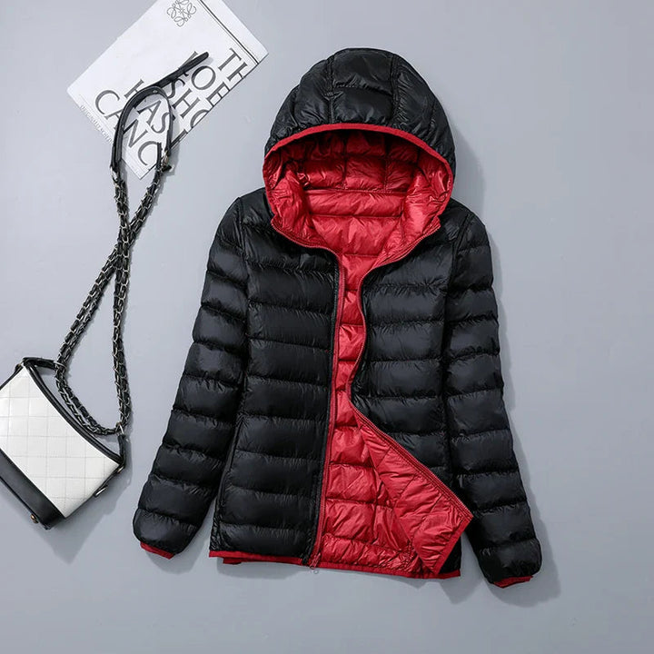 Women's jacket reversible ultralight with hood and water-repellent