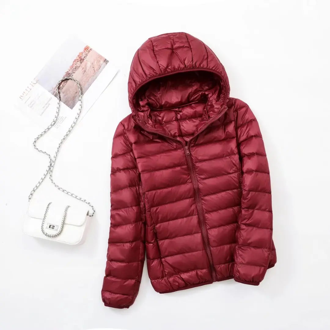 Women's jacket reversible ultralight with hood and water-repellent
