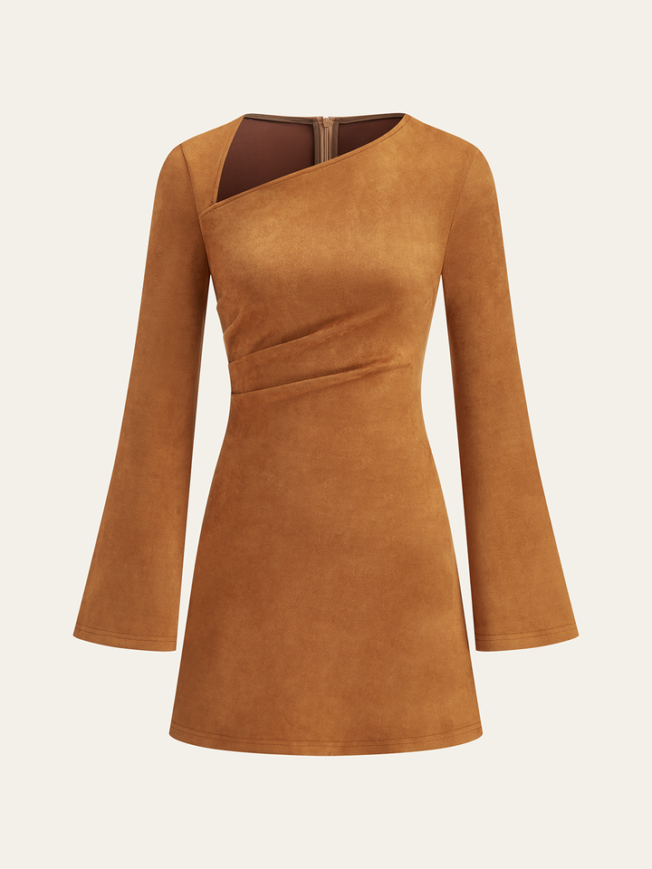 Damen Kleid Asymmetrisch – Langarm Mini Kleid in Wildleder Optik Elegant