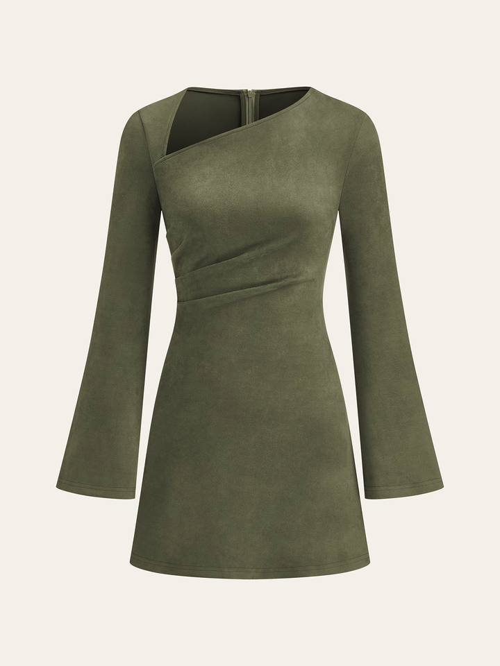 Damen Kleid Asymmetrisch – Langarm Mini Kleid in Wildleder Optik Elegant