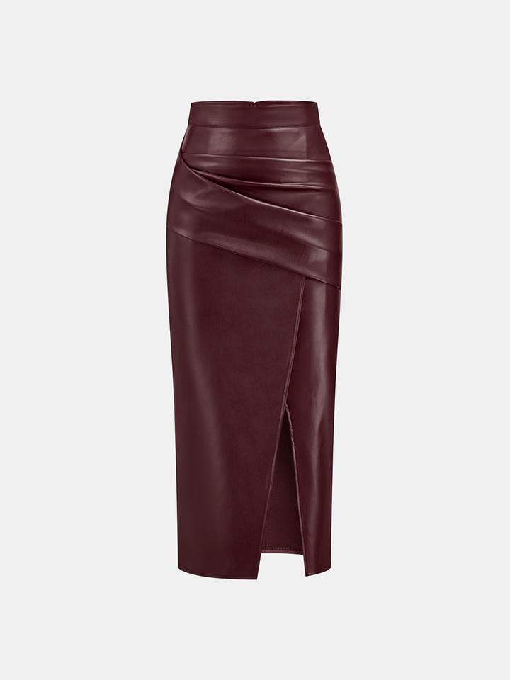 Damen Midi Kleid Kunstleder – Lederoptik, Rücken-Schlitz, Elegant & Modern
