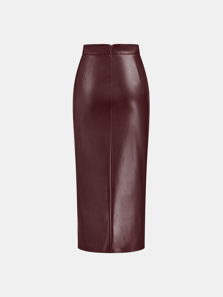 Damen Midi Kleid Kunstleder – Lederoptik, Rücken-Schlitz, Elegant & Modern