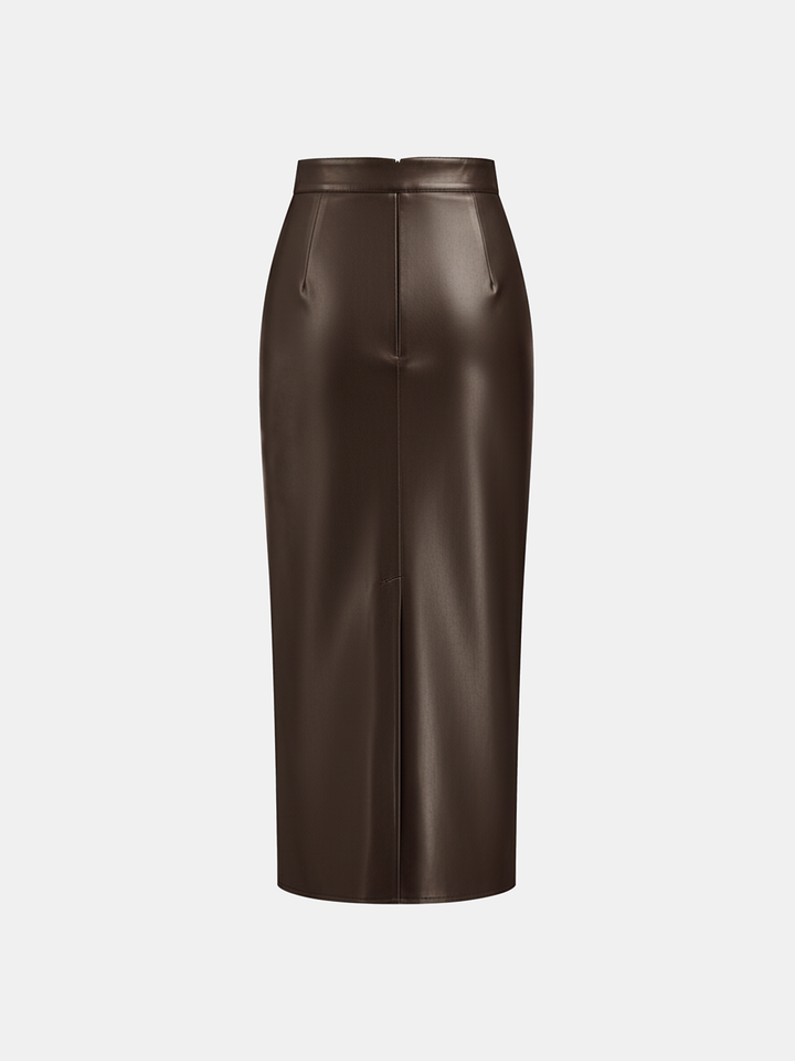 Damen Midi Kleid Kunstleder – Lederoptik, Rücken-Schlitz, Elegant & Modern