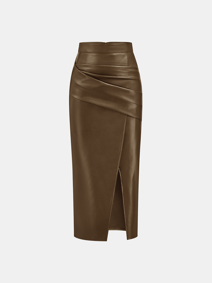 Damen Midi Kleid Kunstleder – Lederoptik, Rücken-Schlitz, Elegant & Modern