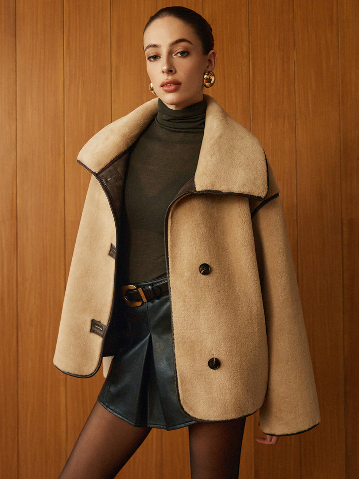 Manteau pour femmes en peluche en simili cuir à manches longues avec passepoil contrasté pour l'hiver