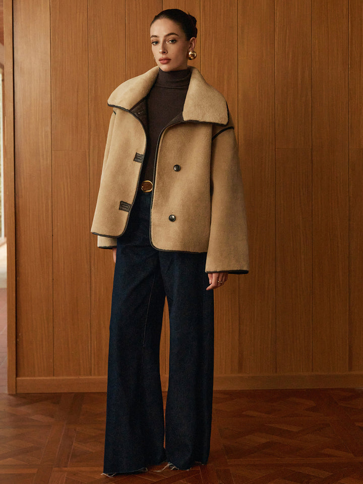 Manteau pour femmes en peluche en simili cuir à manches longues avec passepoil contrasté pour l'hiver
