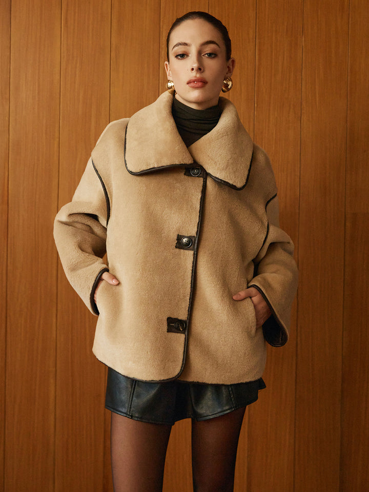 Manteau pour femmes en peluche en simili cuir à manches longues avec passepoil contrasté pour l'hiver