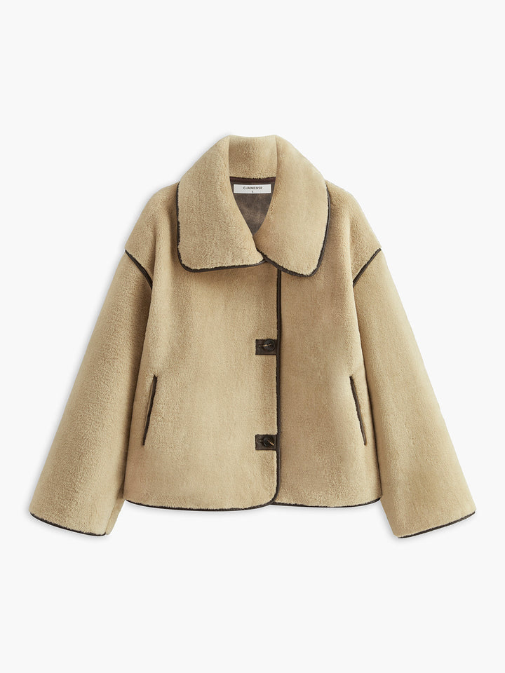 Manteau pour femmes en peluche en simili cuir à manches longues avec passepoil contrasté pour l'hiver