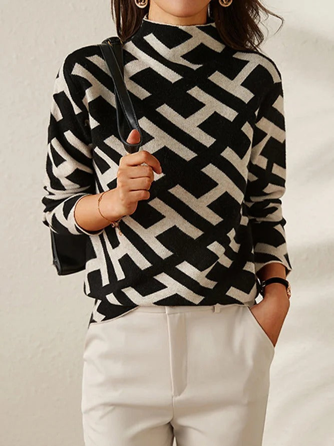Pull pour femmes en coton design géométrique col en V