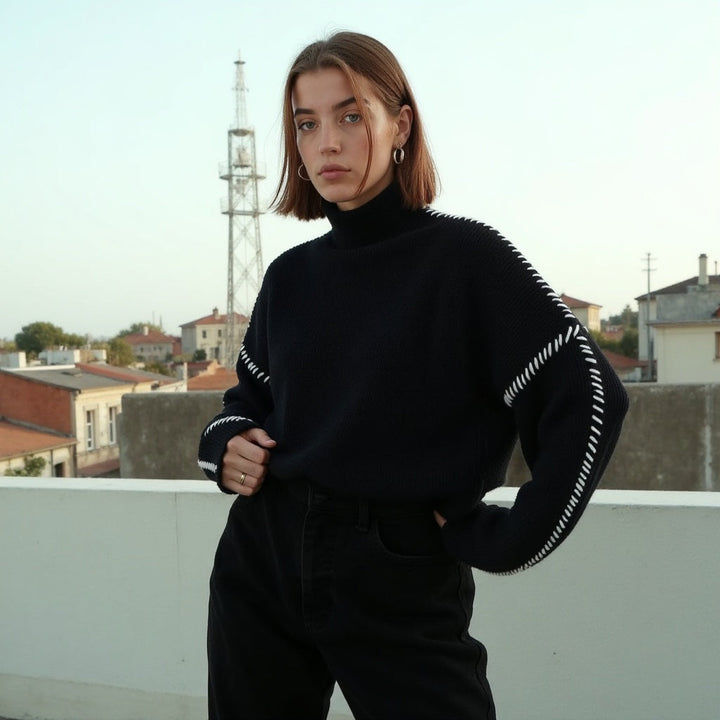 Damenpullover Baumwolle mit Kontrastnähten – Warmer, Atmungsaktiver Stil
