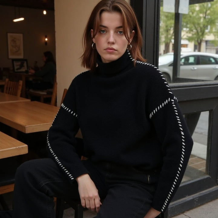 Damenpullover Baumwolle mit Kontrastnähten – Warmer, Atmungsaktiver Stil