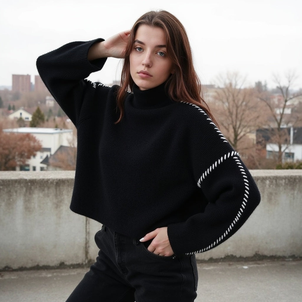 Damenpullover Baumwolle mit Kontrastnähten – Warmer, Atmungsaktiver Stil