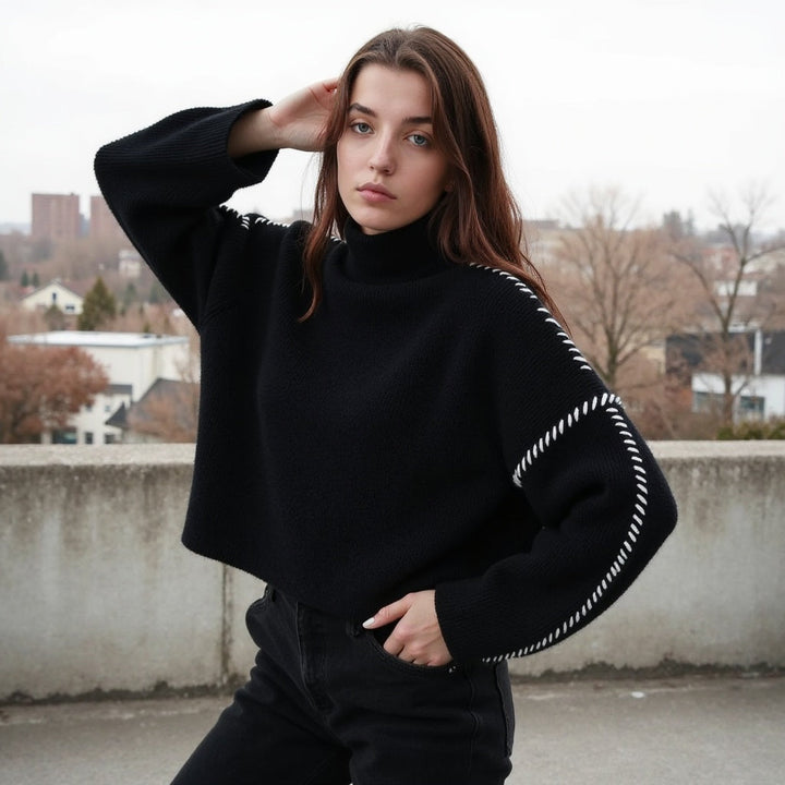 Damenpullover Baumwolle mit Kontrastnähten – Warmer, Atmungsaktiver Stil