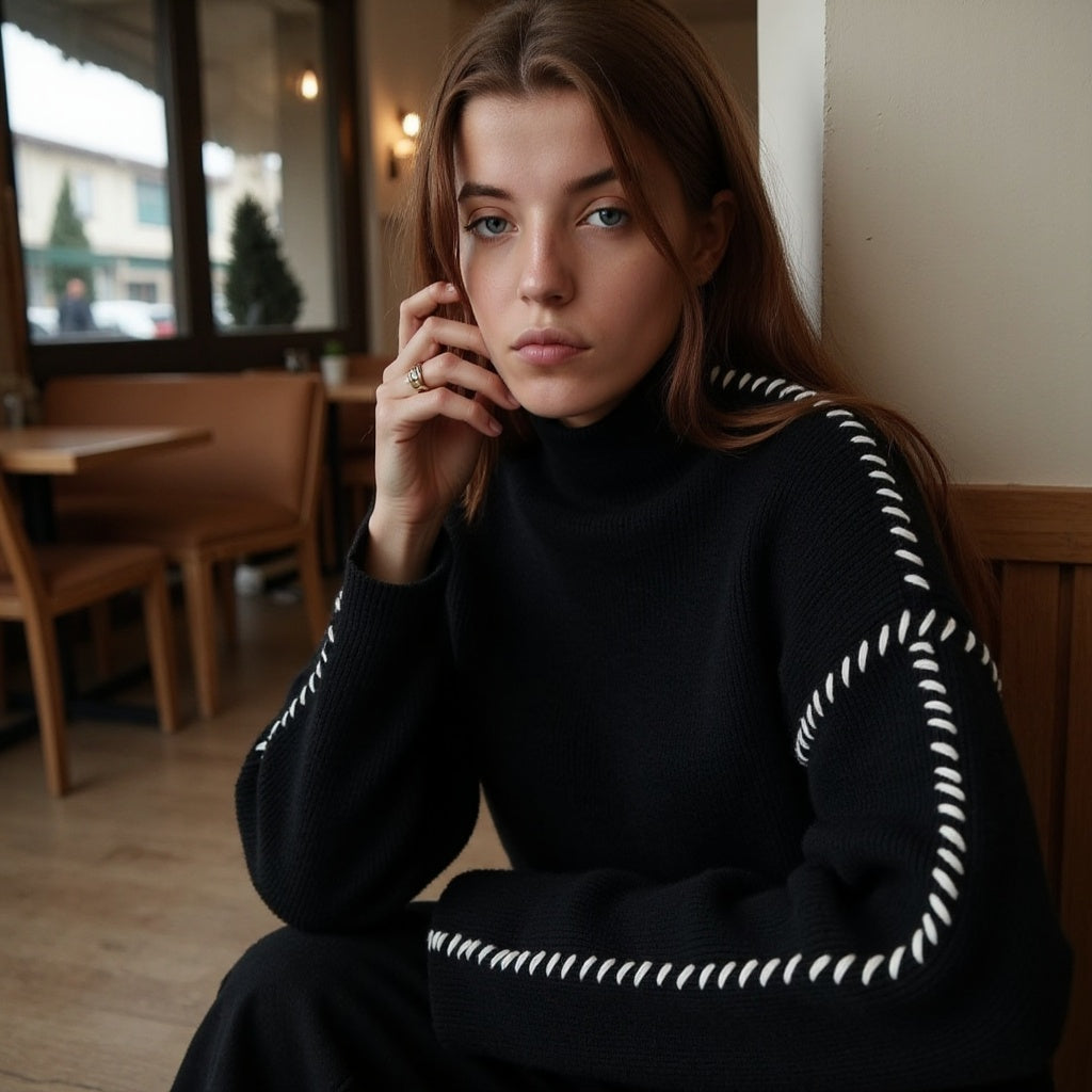 Damenpullover Baumwolle mit Kontrastnähten – Warmer, Atmungsaktiver Stil