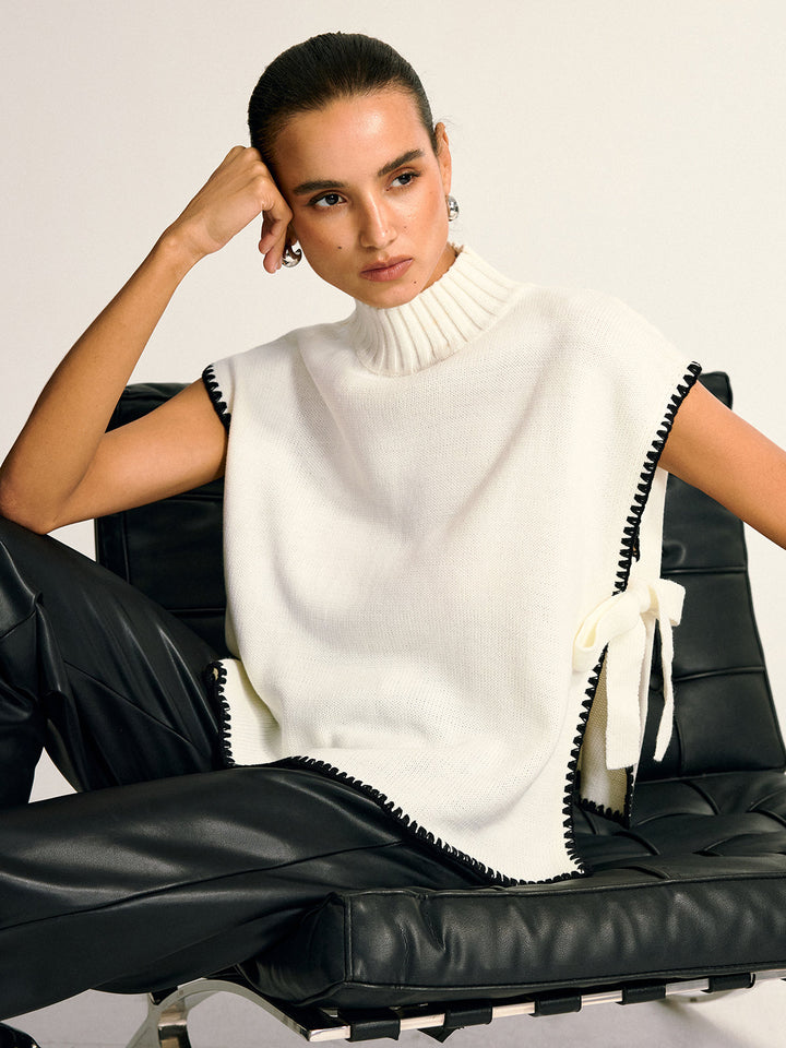 Damen Strickpullover – Warm, Kontrast-Design & Seitendetail, Elegant