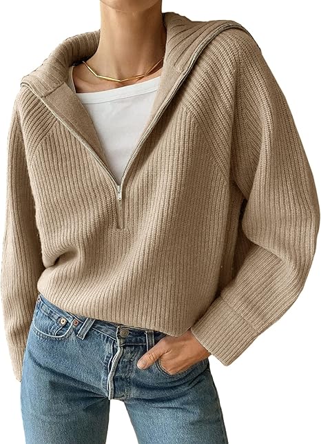 Damenpullover V-Ausschnitt mit Reißverschluss, Warme Pullover Damen