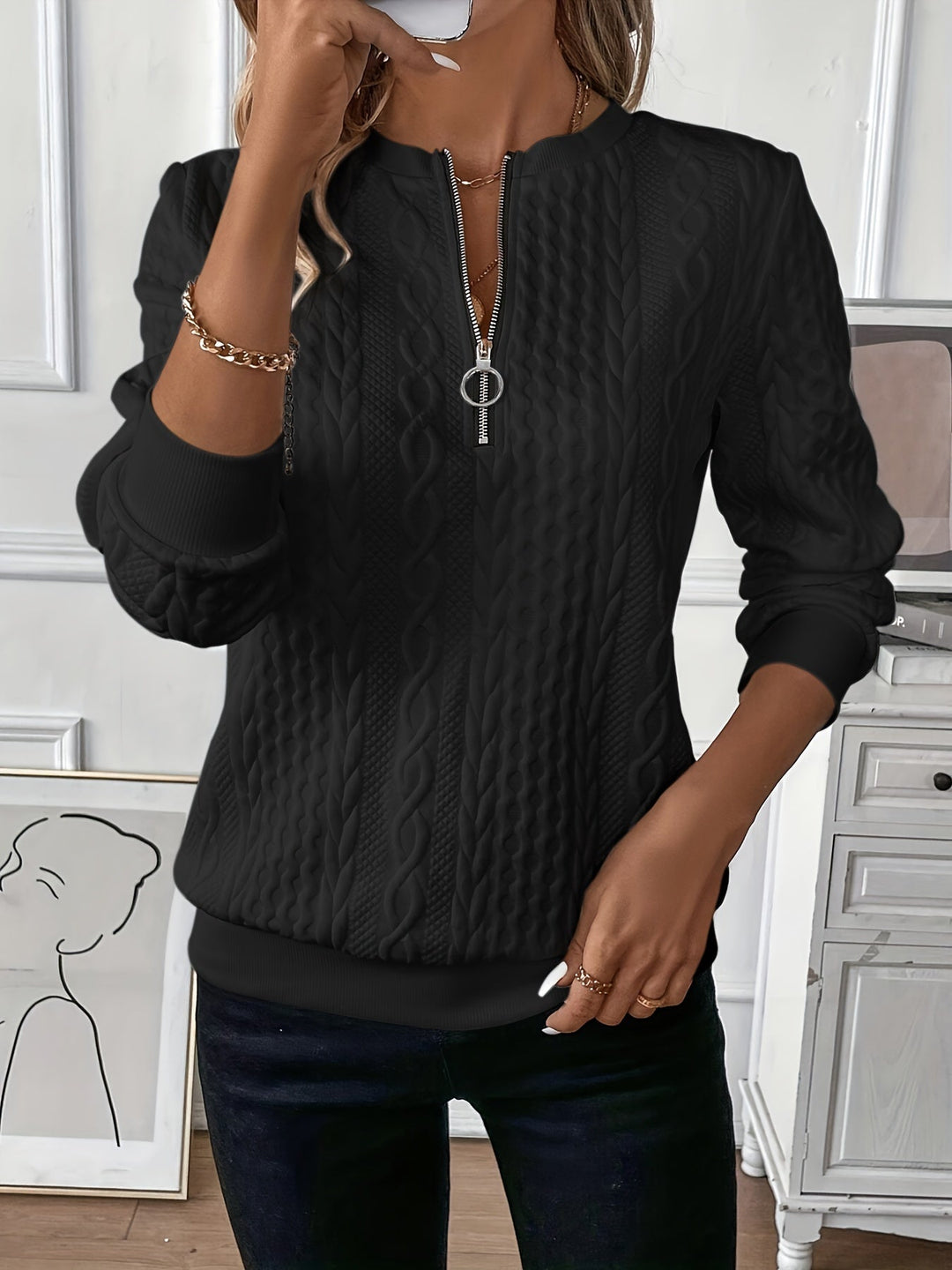 Damenpullover Zip-Up Aus Weichem Material Klassischer Schnitt