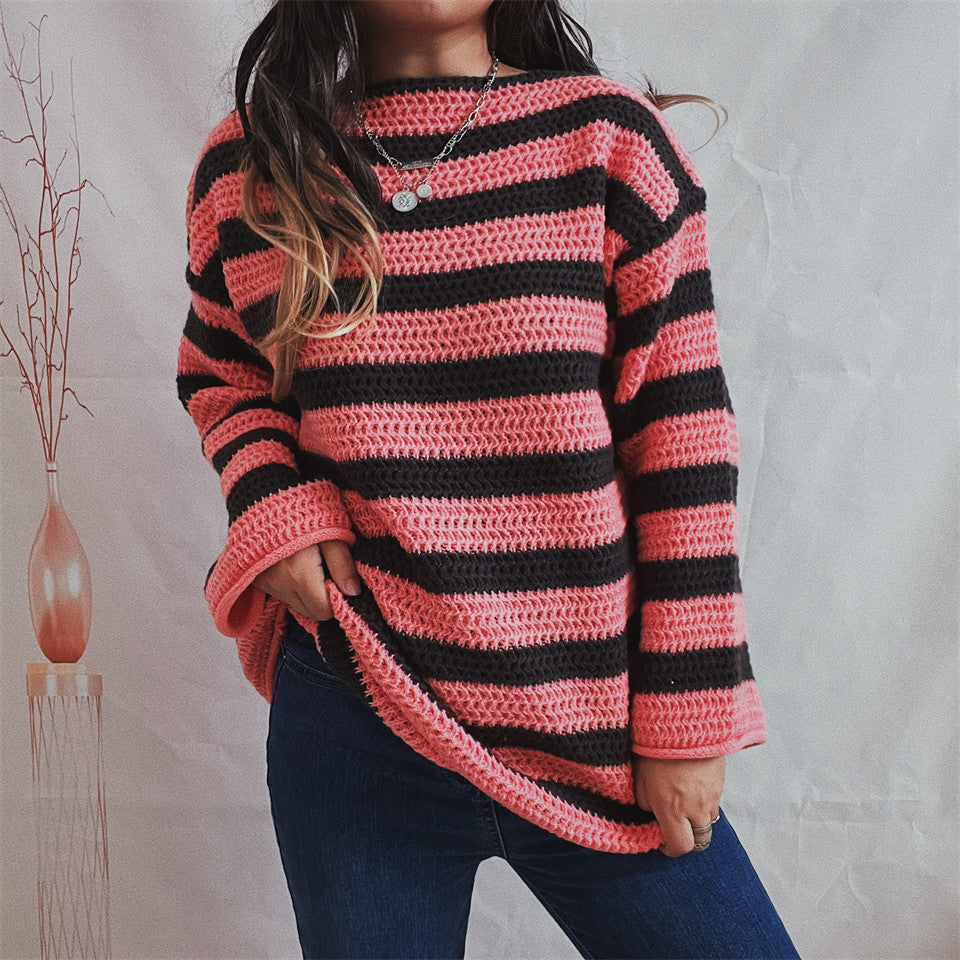 Damenpullover aus Wolle Oversized Lässig mit Streifen