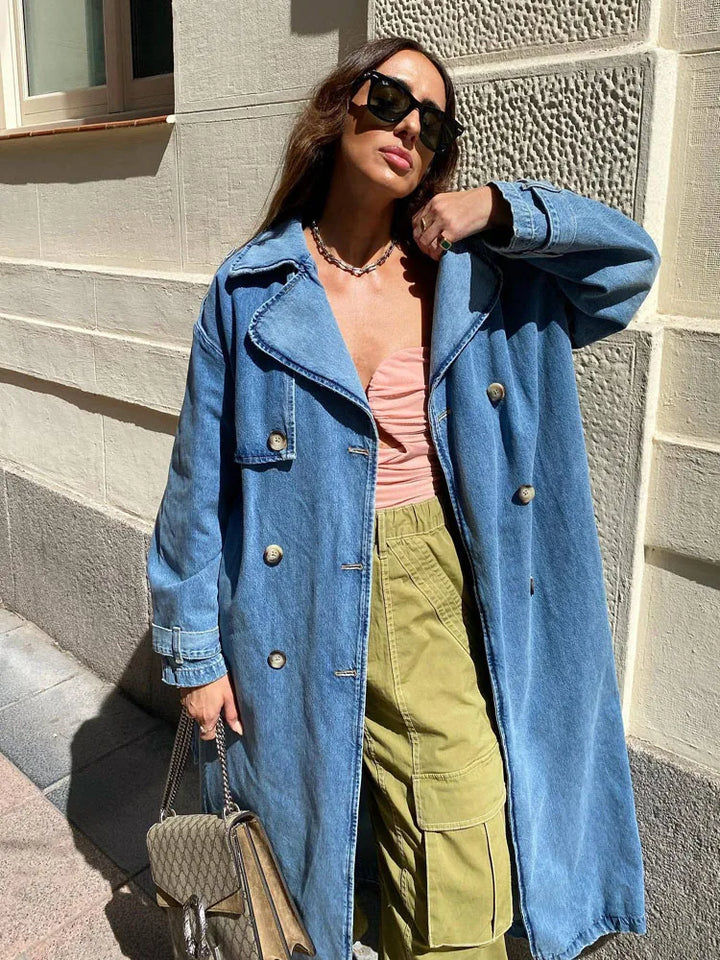 Langer Damen Trenchcoat Blau – Tailliert mit Gürtel – Elegant & Modern
