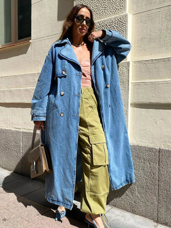 Langer Damen Trenchcoat Blau – Tailliert mit Gürtel – Elegant & Modern