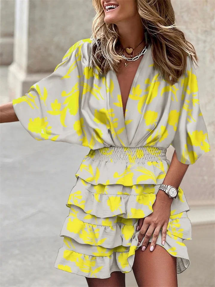 Airy summer dress women V-neck ruffles belt midi