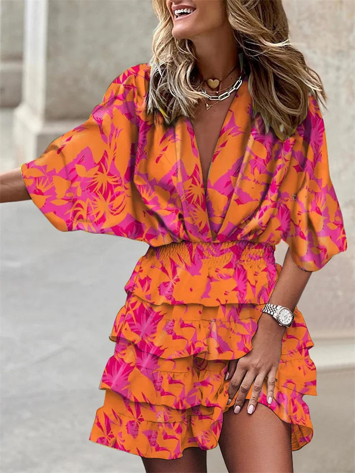 Airy summer dress women V-neck ruffles belt midi