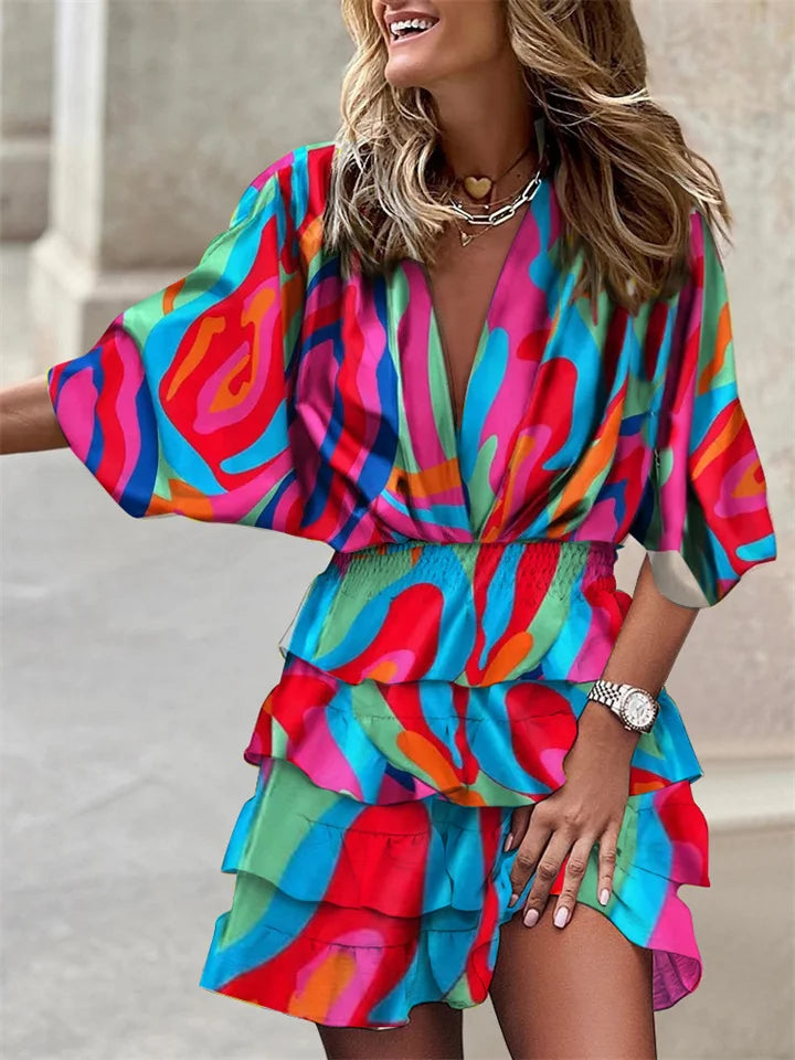 Airy summer dress women V-neck ruffles belt midi