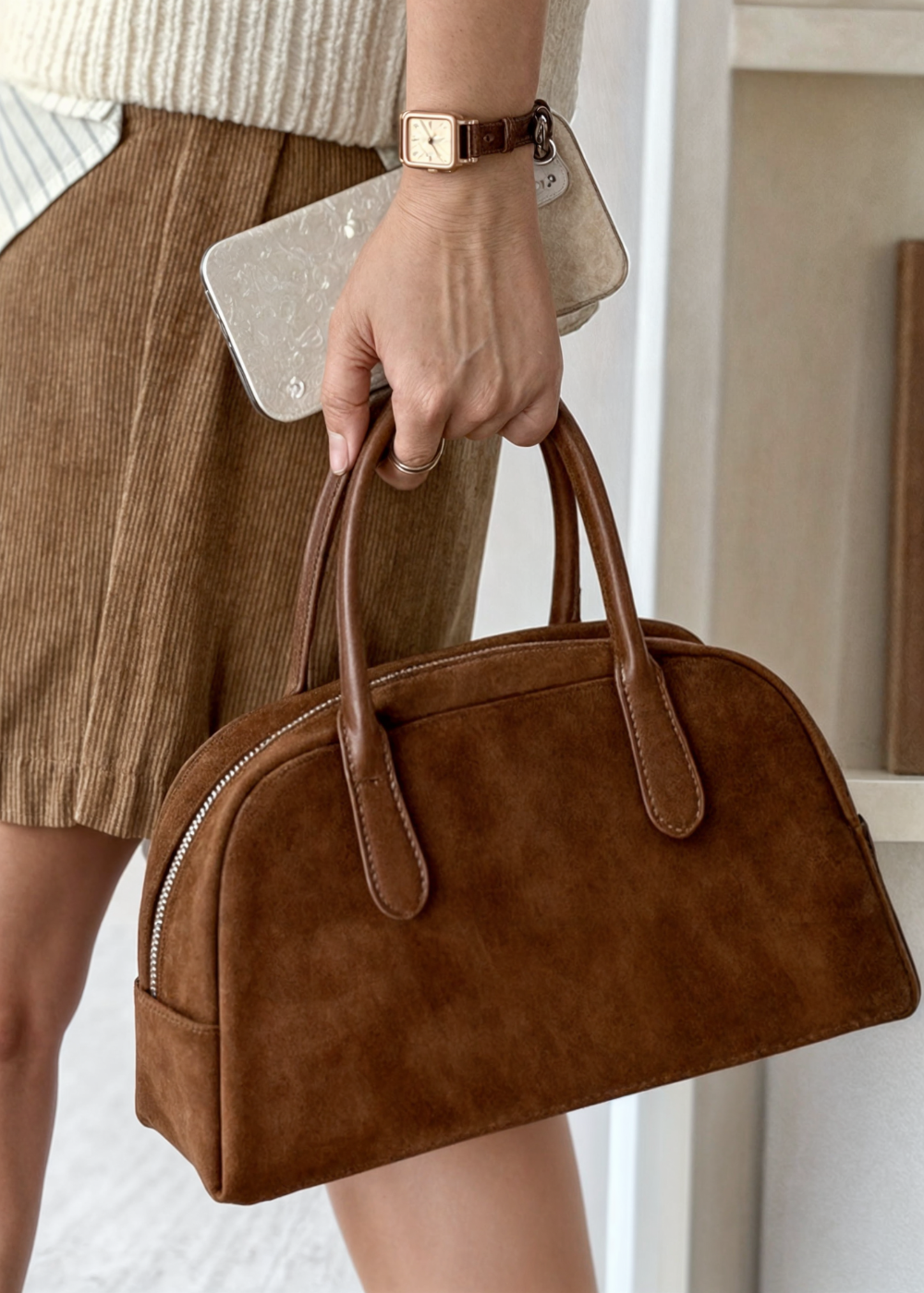 Echte Wildleder Handtasche Damen – Kleine Schultertasche mit Reißverschluss