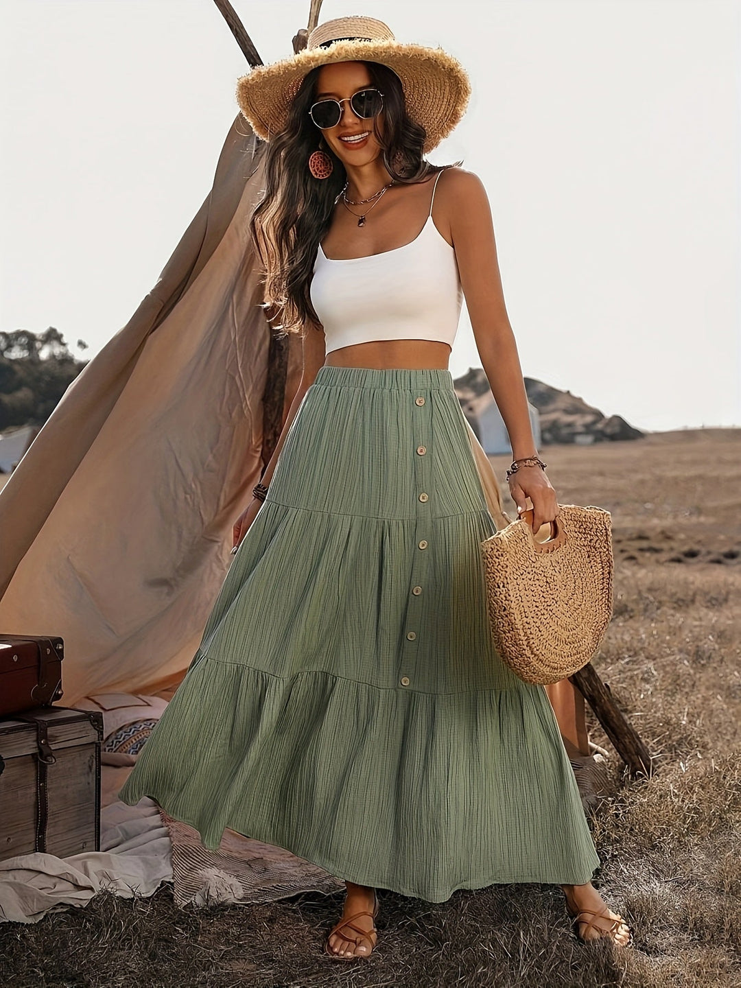 Women's Maxi Skirt Cotton Boho Style with Ruffles – Summer