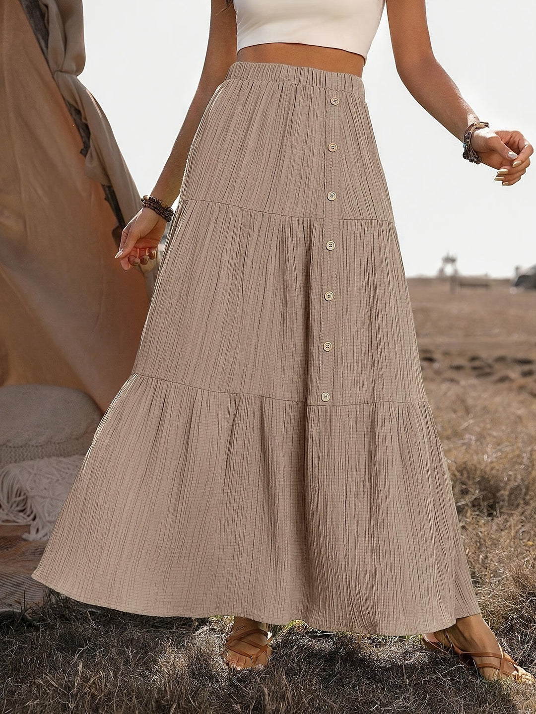 Women's Maxi Skirt Cotton Boho Style with Ruffles – Summer