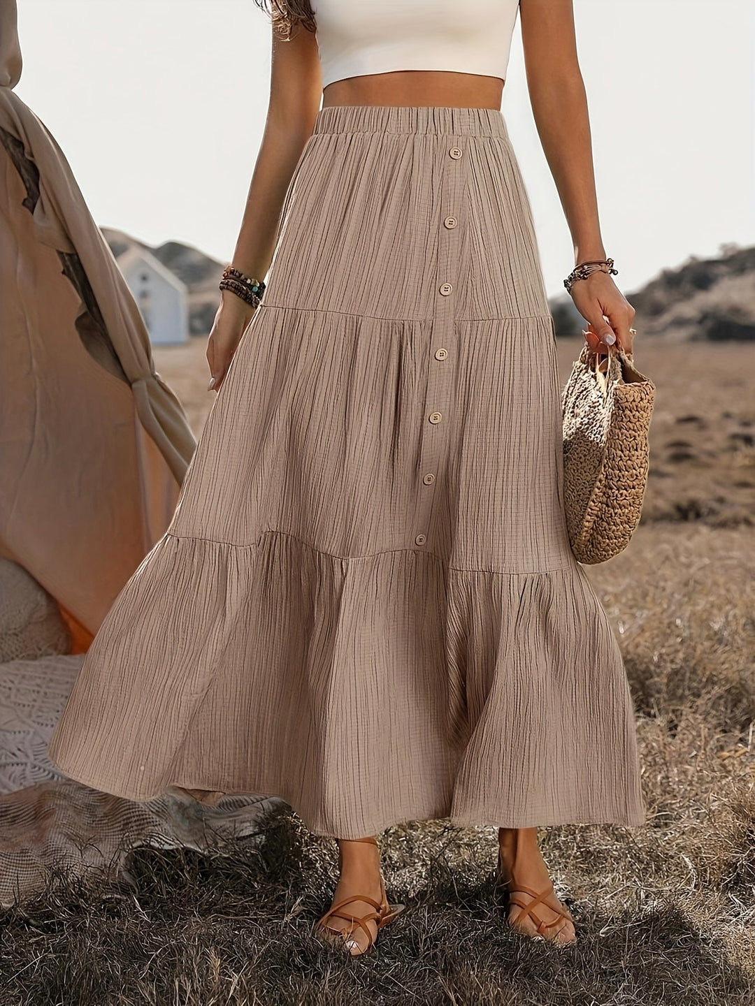 Women's Maxi Skirt Cotton Boho Style with Ruffles – Summer